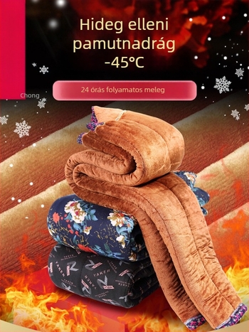 Téli női nadrág idős nőknek, fleece-betétes, vastag, laza szabású, virágos mintával, külső viseletre