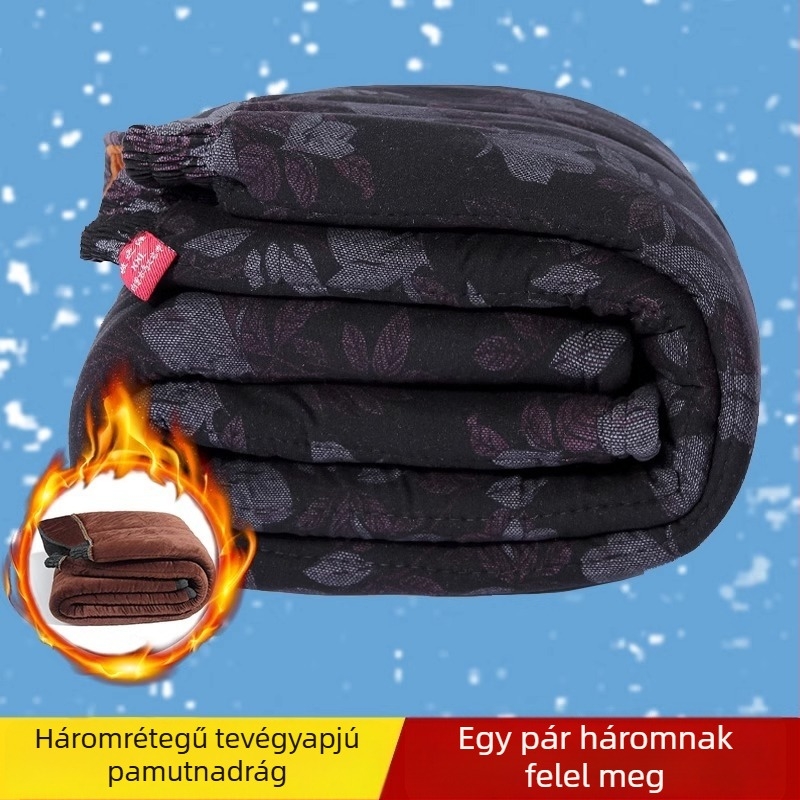 Téli női nadrág idős nőknek, fleece-betétes, vastag, laza szabású, virágos mintával, külső viseletre