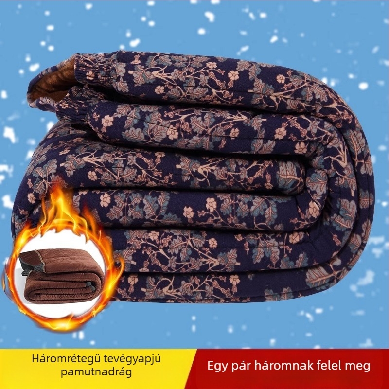 Téli női nadrág idős nőknek, fleece-betétes, vastag, laza szabású, virágos mintával, külső viseletre
