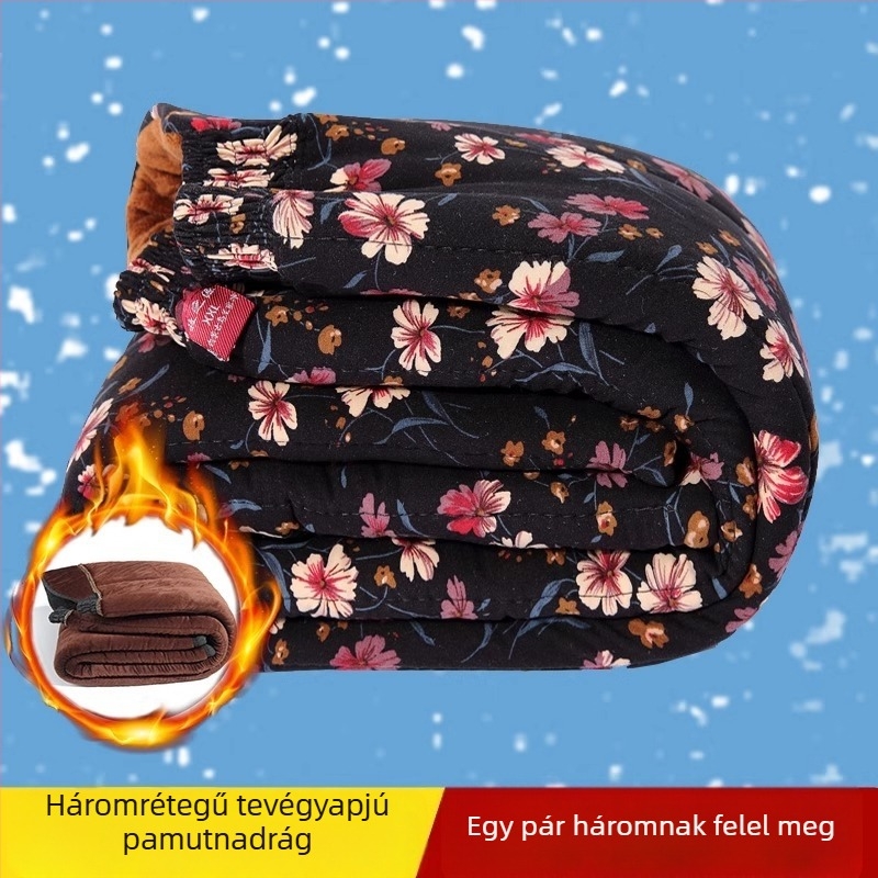 Téli női nadrág idős nőknek, fleece-betétes, vastag, laza szabású, virágos mintával, külső viseletre