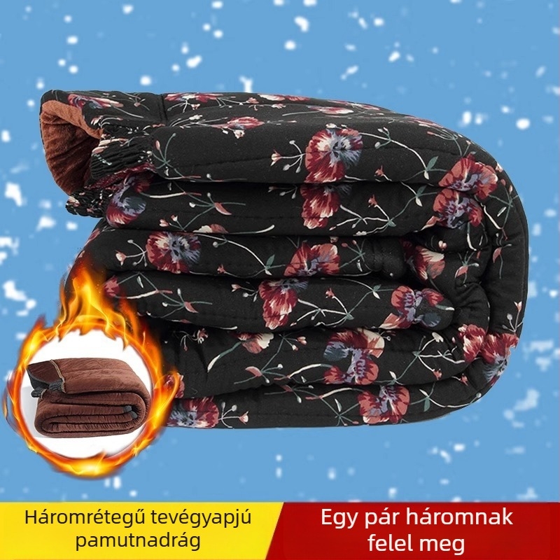 Téli női nadrág idős nőknek, fleece-betétes, vastag, laza szabású, virágos mintával, külső viseletre