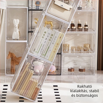 Játékok és építőelemek átlátszó kiállító szekrénye, akrilra emlékeztető tárolópolccal modellekhez