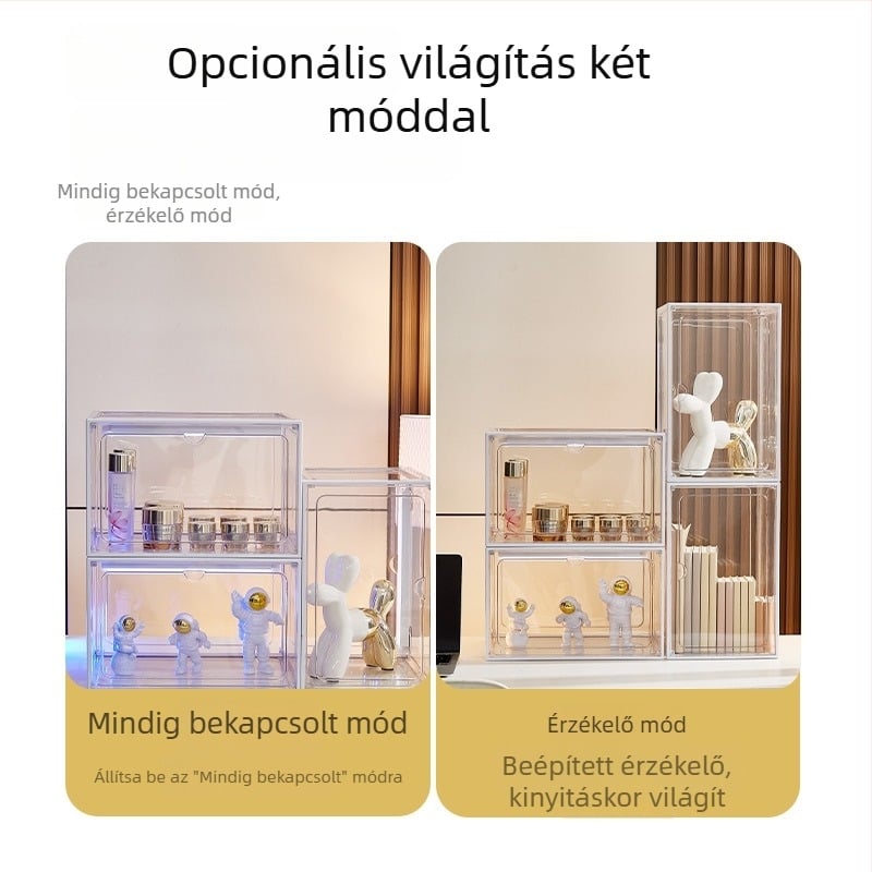 Játékok és építőelemek átlátszó kiállító szekrénye, akrilra emlékeztető tárolópolccal modellekhez