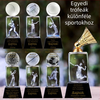 Kristályba vésett belső gravírozású sporttrófea: kosárlabda, futball, röplabda, tenisz, baseball és tollaslabda – sportverseny díja