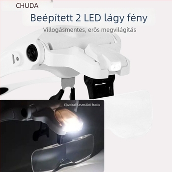 Chuda fejre szerelhető LED olvasó nagyító, újratölthető akkumulátor, 5 szintű optikai zoom, órák javításához és hímzéshez, modell 9892B2C