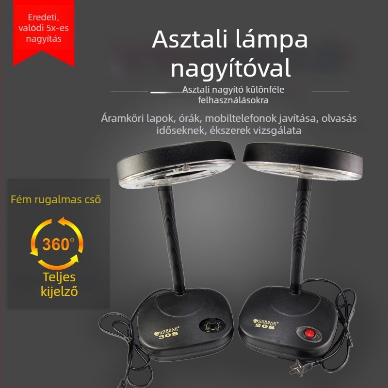 Gaudi LED asztali lámpa beépített nagyítóval, kompakt asztali világítás elektronikus javításhoz, többfokozatú fényerő-szabályozás