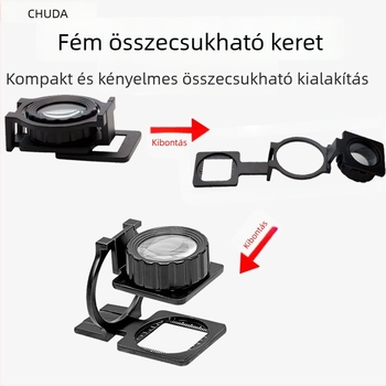 Chuda összecsukható nagyító dupla üveglencsével, ötvözet kerettel, modell 1048