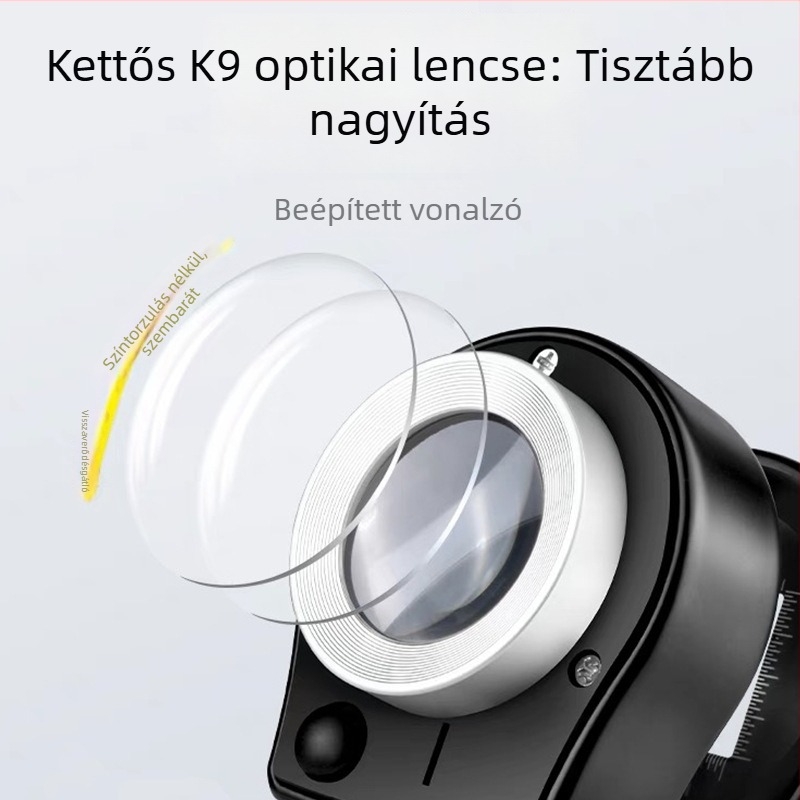 LED-es világítású nagyító, újratölthető, fémtestű és skálával, 10x nagyítás a textilek vizsgálatához és Yixing teáskannák, dohányáru azonosításához
