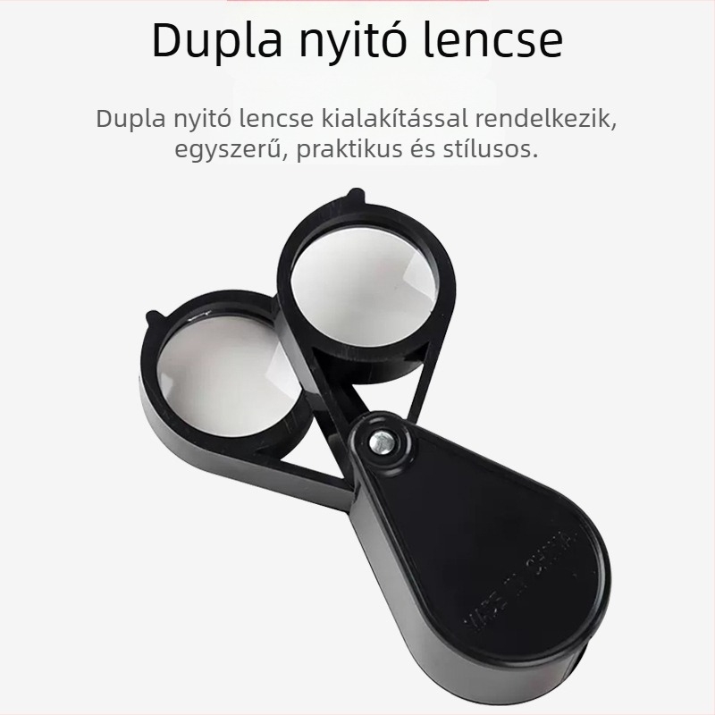 Kétlencsés ékszer-nagyító, zsebméretű, 30× nagyítással, apró betűk olvasására és antik tárgyak értékelésére