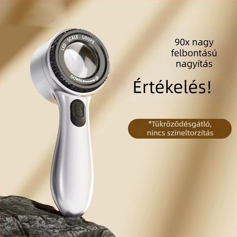 HD nagyító LED világítással, hordozható, mérő-skálával az azonosításhoz, ékszerekhez, kalligráfiához, festészethez és textilekhez, modell 90