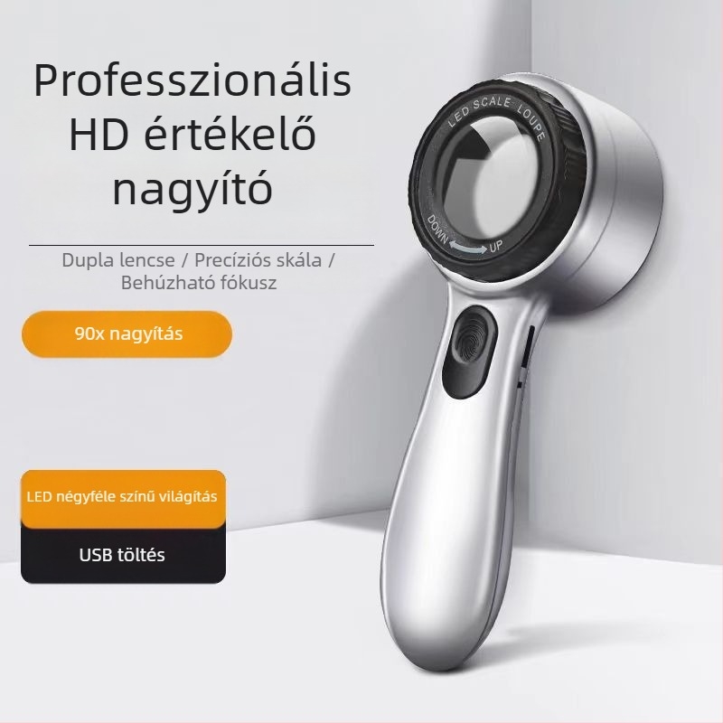 HD nagyító LED világítással, hordozható, mérő-skálával az azonosításhoz, ékszerekhez, kalligráfiához, festészethez és textilekhez, modell 90