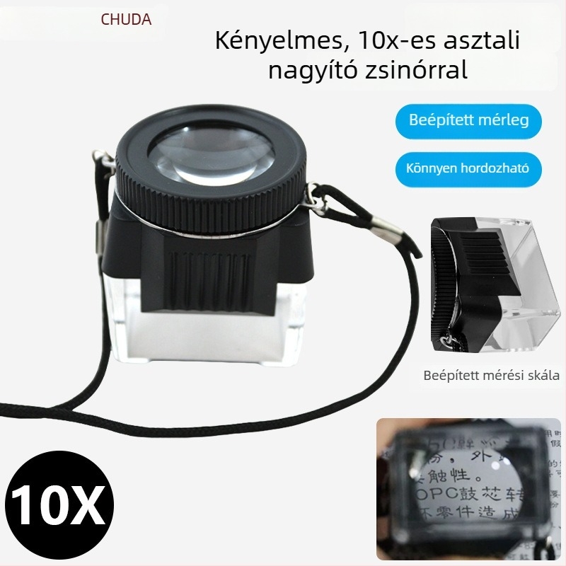 10x HD hengeres akril nagyító nyakpánttal, asztali használatra - J3