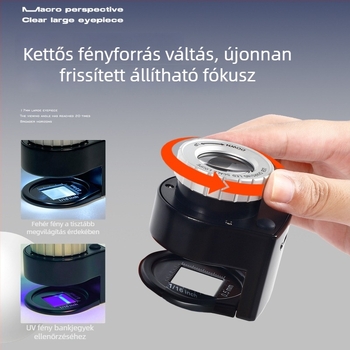 Kézben tartó nagyító két színű LED világítással, újratölthető, állítható fókusz, ékszerek és jade vizsgálatához