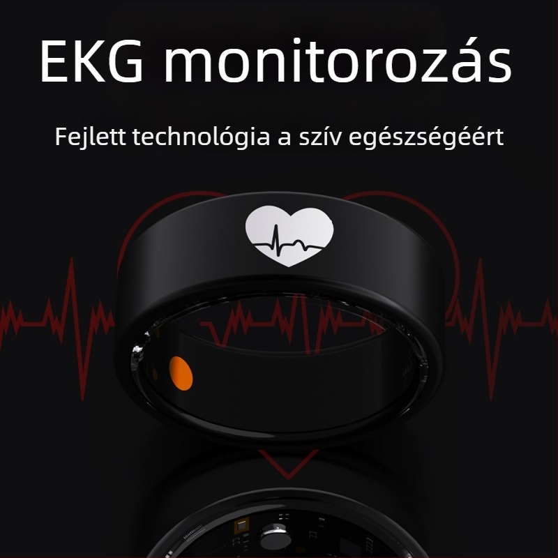 ECG okos gyűrű, ECG monitorozás, szívfrekvencia, vér oxigénszintje, vérnyomás, vércukor, testhőmérséklet, alvás és aktivitás nyomon követése, automatikus monitorozás és távoli gondoskodás