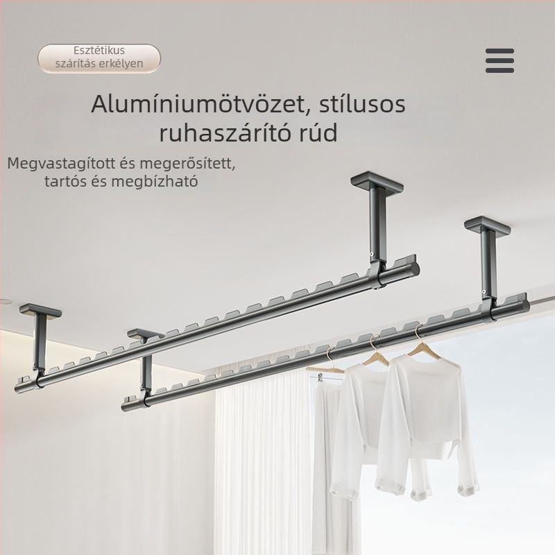 Erkélyre felső rögzítésű ruhaszárító rúd, fix, alumínium ötvözet, egyetlen rúd a ruhák felakasztásához