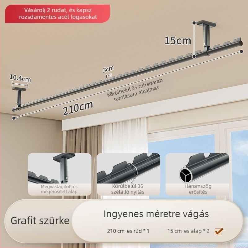 Erkélyre felső rögzítésű ruhaszárító rúd, fix, alumínium ötvözet, egyetlen rúd a ruhák felakasztásához