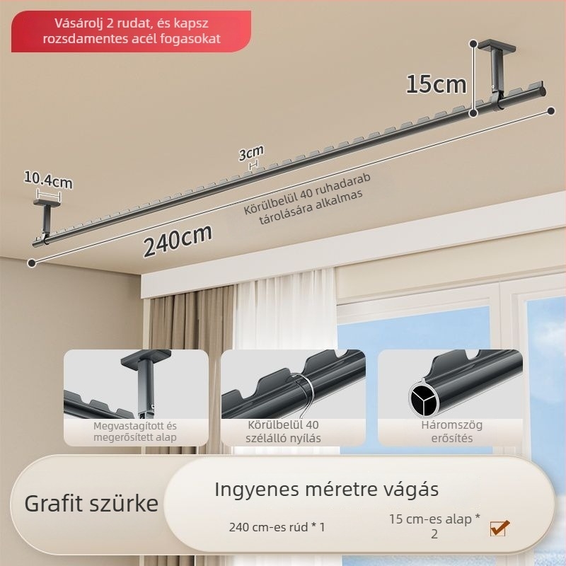 Erkélyre felső rögzítésű ruhaszárító rúd, fix, alumínium ötvözet, egyetlen rúd a ruhák felakasztásához