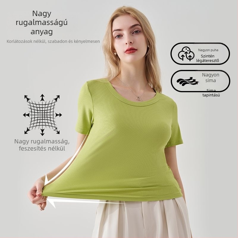 Modal női rövid ujjú felső, karcsú szabás, kerek nyak, fehér, koreai stílus, nyár 2024