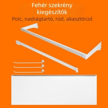 Padlóra álló ruhafogas perforált táblával, fémpolcokkal és nadrágtartóval