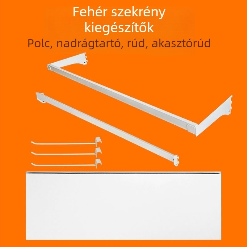 Padlóra álló ruhafogas perforált táblával, fémpolcokkal és nadrágtartóval
