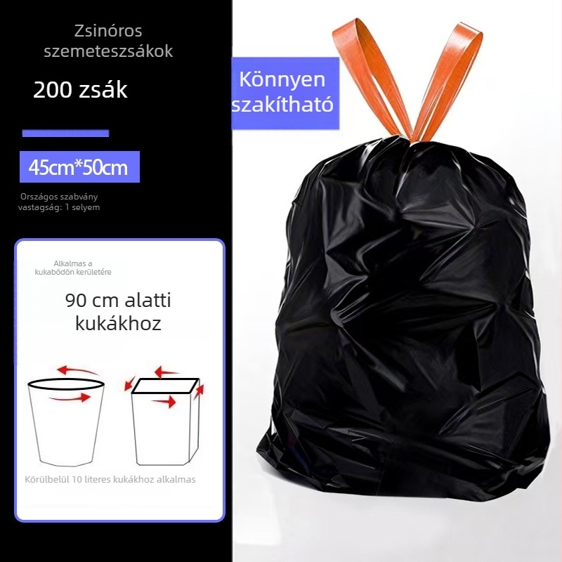 Húzós szemeteszsák, vastagított, háztartási használatra, nagy méret, extra vastag, szakadásálló, konyhai kukászsák