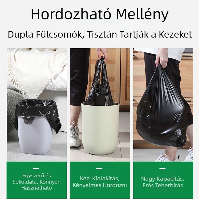 Fekete, vastagított, nagy méretű egyszer használatos szemeteszsák mellény-stílusban, műanyag, otthoni konyhai és kollégiumi használatra.