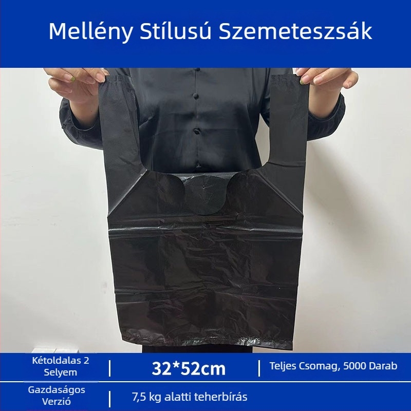 Fekete, vastagított, nagy méretű egyszer használatos szemeteszsák mellény-stílusban, műanyag, otthoni konyhai és kollégiumi használatra.