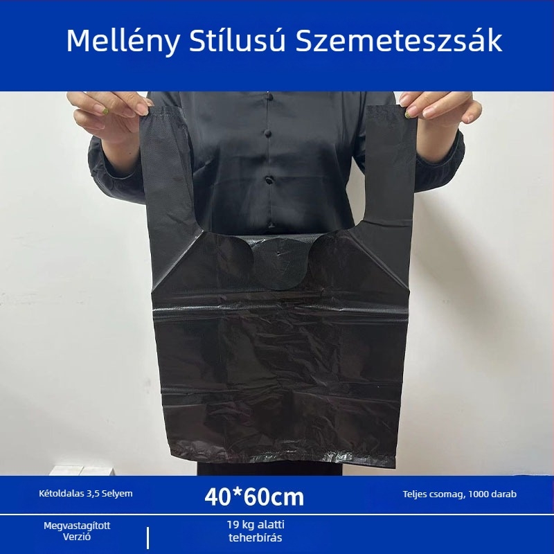 Fekete, vastagított, nagy méretű egyszer használatos szemeteszsák mellény-stílusban, műanyag, otthoni konyhai és kollégiumi használatra.
