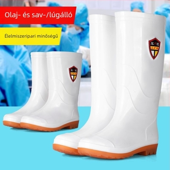 Fehér PVC esőcsizma élelmiszeripari minősítésű, középmagas hosszúságú, sav- és lúgálló, vízálló, melegen bélelt