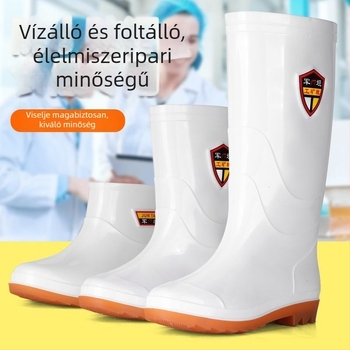 Fehér PVC esőcsizma élelmiszeripari minősítésű, középmagas hosszúságú, sav- és lúgálló, vízálló, melegen bélelt