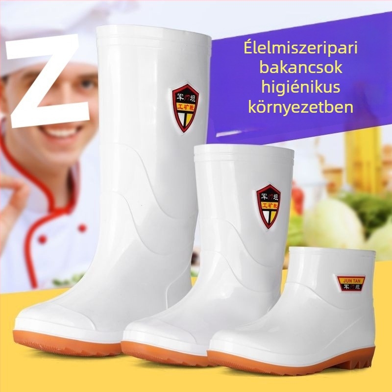 Fehér PVC esőcsizma élelmiszeripari minősítésű, középmagas hosszúságú, sav- és lúgálló, vízálló, melegen bélelt