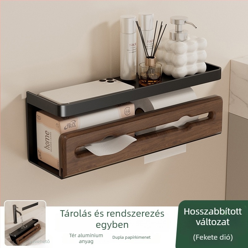 Diófából készült, falra szerelhető papírzsebkendő- és toalettpapír tartó fürdőszobába