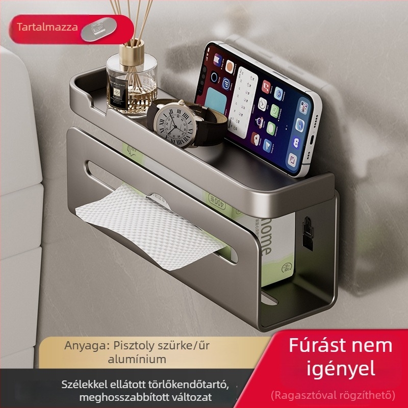 Lyukasztás nélküli falra szerelhető papírtartó és vécépapír tároló, fürdőszobába és konyhába, alumínium, szürke, minimalist stílus