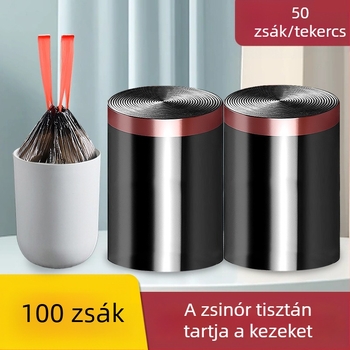 Fekete szemeteszsákok húzózsinórral, nagy tekercsben, PE anyagból, egyszer használatos, háztartási, irodai és kollégiumi használatra
