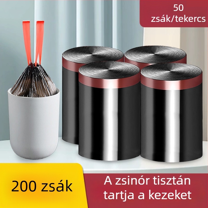 Fekete szemeteszsákok húzózsinórral, nagy tekercsben, PE anyagból, egyszer használatos, háztartási, irodai és kollégiumi használatra
