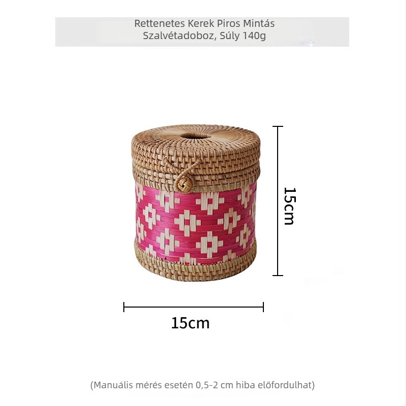 Kerek, faanyagból készült papírzsepi tartó fedéllel, rattan szövésével, etnikus színvilággal, multifunkcionális