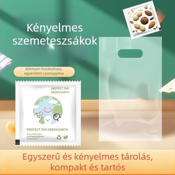 Egyszer használatos, kis méretű szemeteszsákok mogyoróhéjra, dinnyehéjra és cukornád-maradványokra – autóhoz, étkezéshez és kollégium használatára.