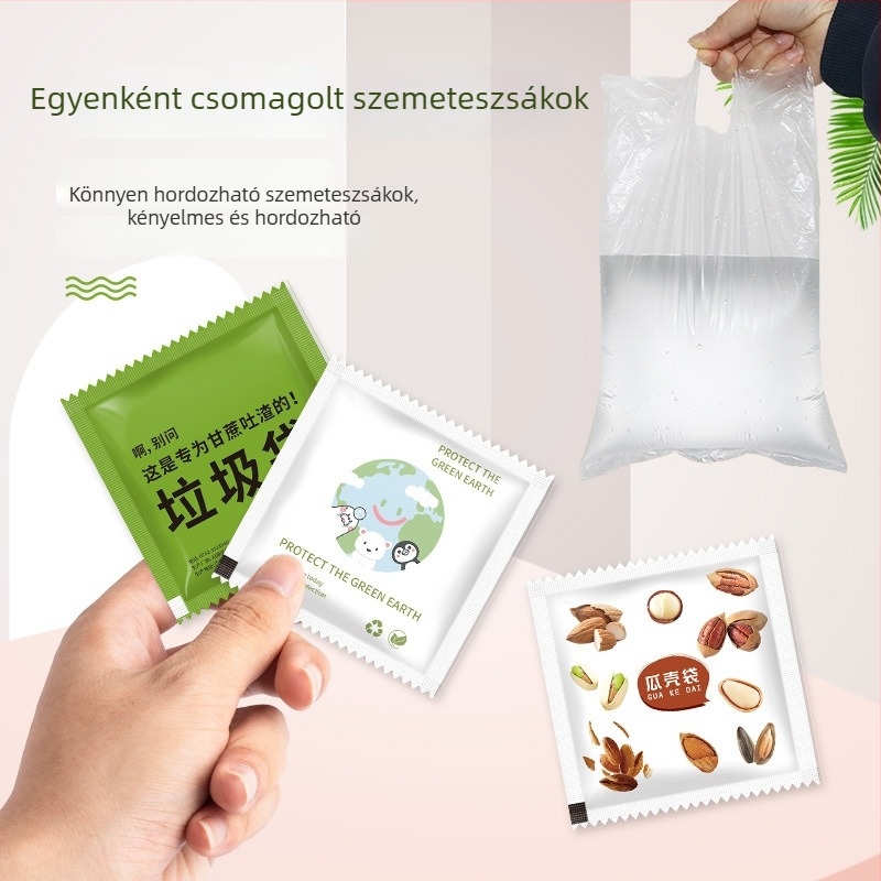Egyszer használatos, kis méretű szemeteszsákok mogyoróhéjra, dinnyehéjra és cukornád-maradványokra – autóhoz, étkezéshez és kollégium használatára.
