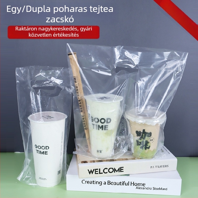 Egyszer használatos tejes tea tasakok, átlátszó, vastag műanyag zacskók italhoz, egy- és kétcsészés poharakhoz