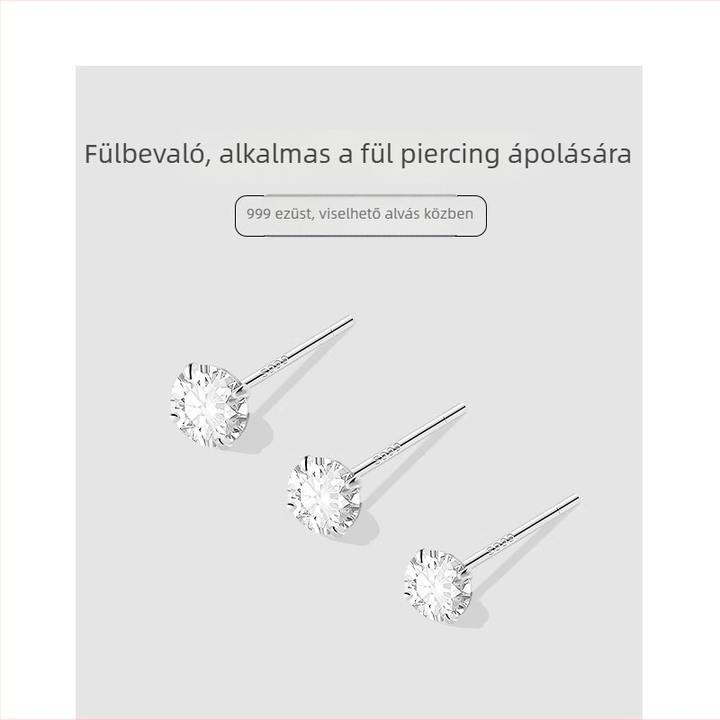 999 ezüst fülbevalók cirkóniával, mini négyágú foglalattal, elegáns