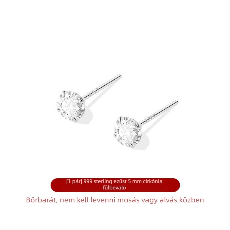 999 ezüst fülbevalók cirkóniával, mini négyágú foglalattal, elegáns