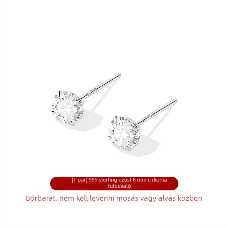 999 ezüst fülbevalók cirkóniával, mini négyágú foglalattal, elegáns