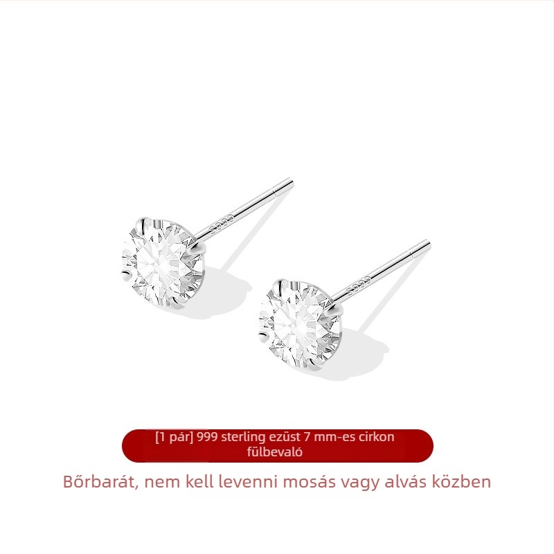 999 ezüst fülbevalók cirkóniával, mini négyágú foglalattal, elegáns
