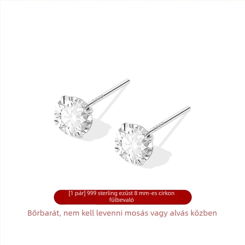 999 ezüst fülbevalók cirkóniával, mini négyágú foglalattal, elegáns