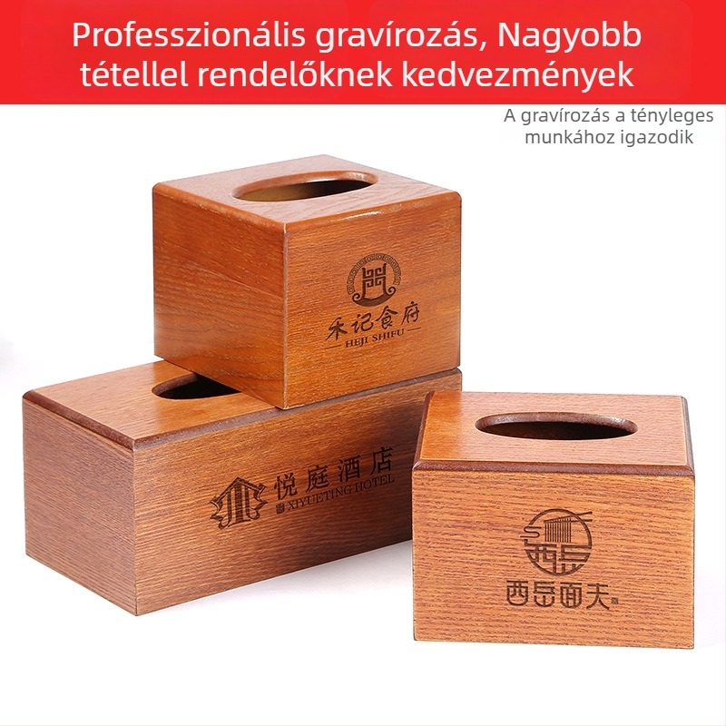 Fából készült papírzsebkendő-tartó logóval testreszabható, szállodának, kávézónak, étteremnek és nappalinak; modern, minimalist retro stílus.
