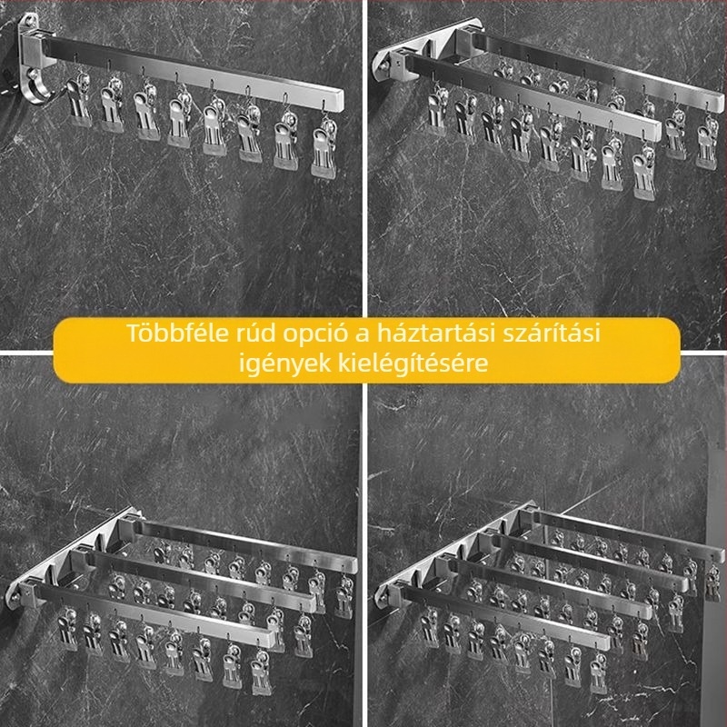 Erkélyre szerelt összecsukható ruhaszárító, több kapoccsal, 304 rozsdamentes acélból, beltéri és kültéri használatra, szélálló