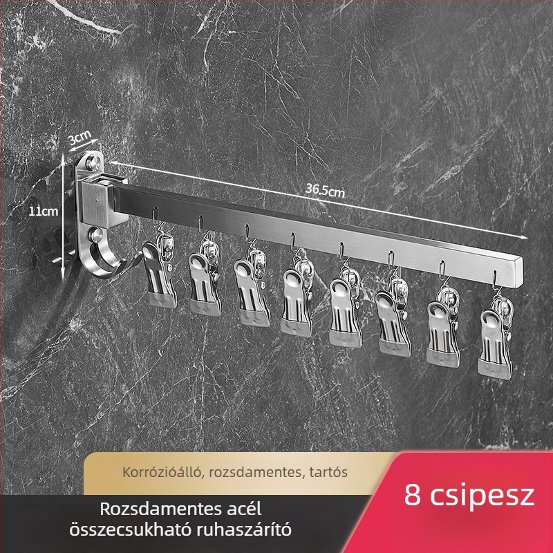 Erkélyre szerelt összecsukható ruhaszárító, több kapoccsal, 304 rozsdamentes acélból, beltéri és kültéri használatra, szélálló