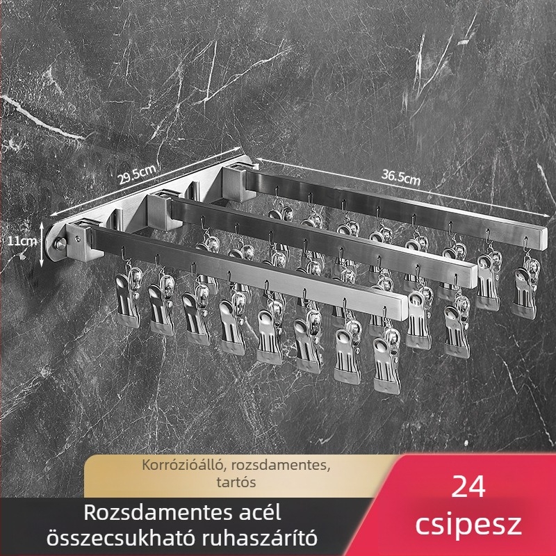 Erkélyre szerelt összecsukható ruhaszárító, több kapoccsal, 304 rozsdamentes acélból, beltéri és kültéri használatra, szélálló