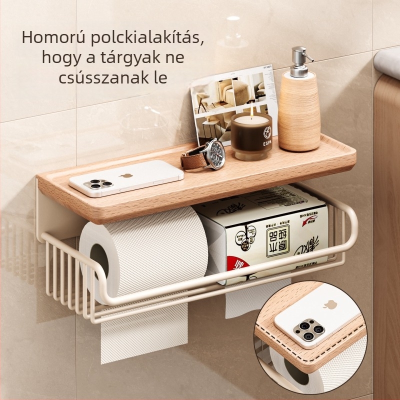 Falra szerelhető toalettpapírtartó, fúrás nélkül, fürdőszobai tároló