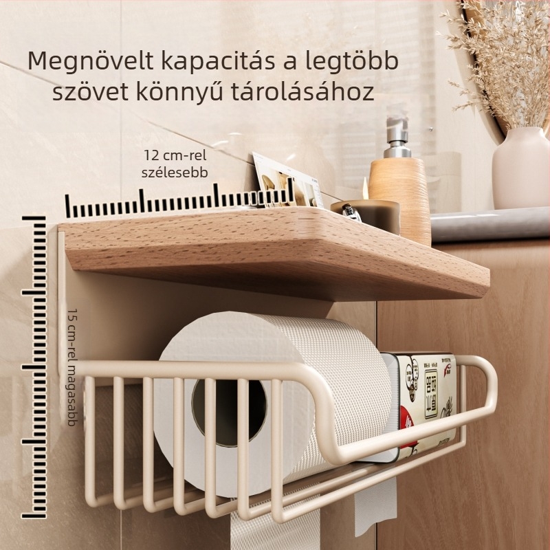 Falra szerelhető toalettpapírtartó, fúrás nélkül, fürdőszobai tároló